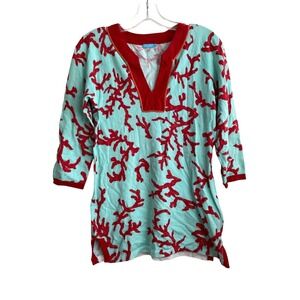 J. McLaughlin Vneck Coral Blue Red Sweater Women Size Small Cotton Blend Stretch